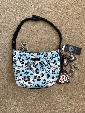 Ed Hardy Blue Black Print Shoulder Bag Charms Women’s NWT Retro Modern Y2K